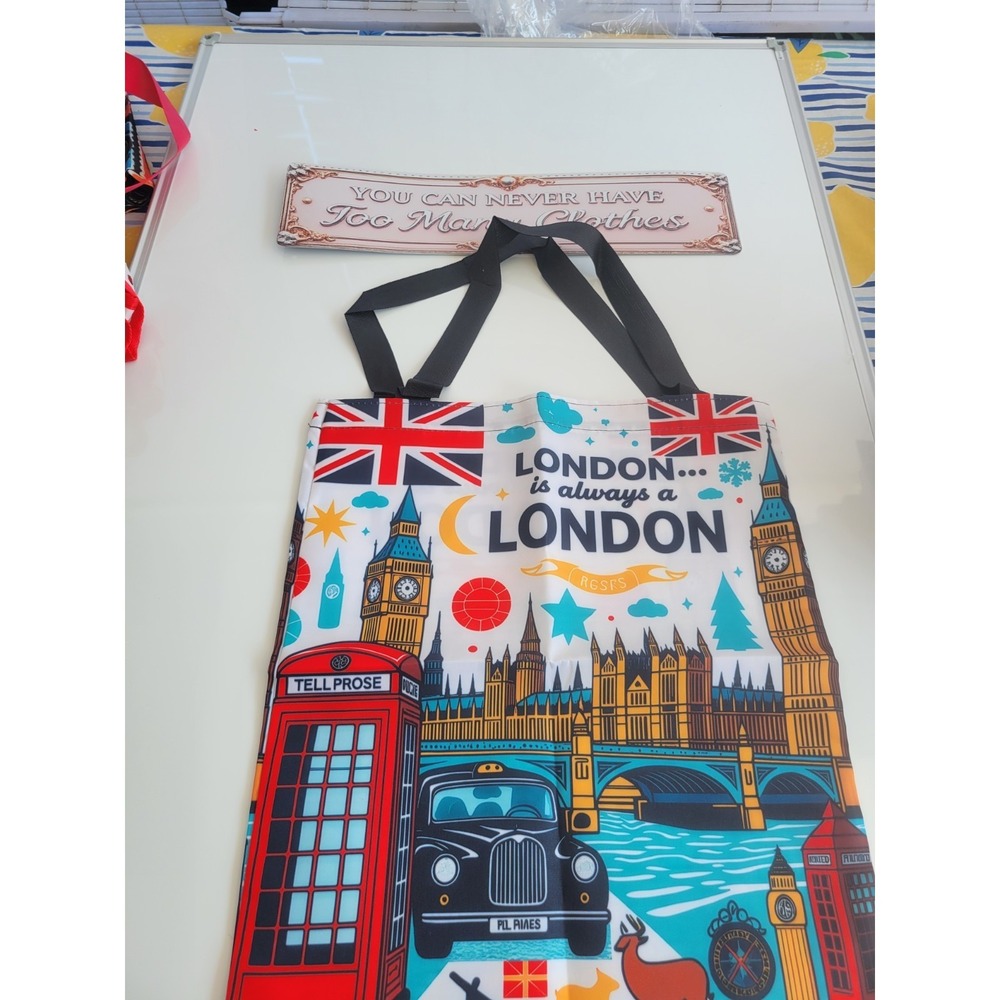 London Theme Tote Bag with Big Ben, Tower Bridge, Red‎ Telephone Booth, British. - Picture 2 of 10